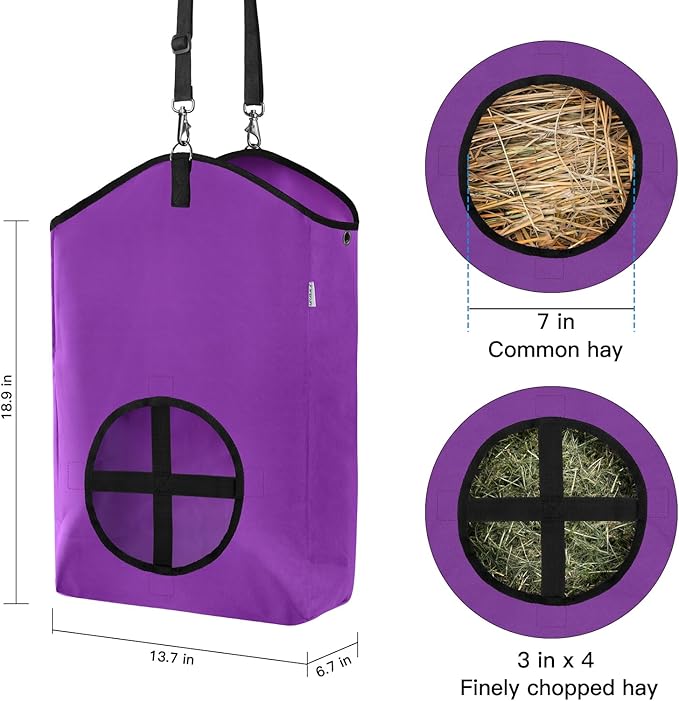 3 Packs Goat Hay Feeder,Hay Bags for Goats,Horses,Sheep,Premium 600D Oxford Cloth,with Metal Fastener and Adjustable Open Feed Hole for Slow Feeding. (2Purple + 1Black)-PurrikoPets