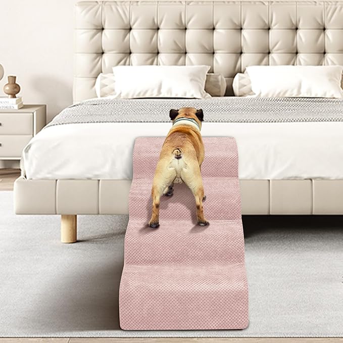 Dog Stairs for Small Dogs - High Density Foam Pet Steps, Extra Wide Dog Ramp with Non-Slip Bottom for High Beds, Couch and Sofa, Best for Dogs Injured, Older Doggy Cats,4 Stpes, Pink-PurrikoPets
