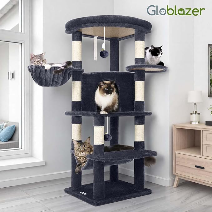 Globlazer Corner Cat Tree Tower for Indoor Cats, 51in Multi-Level Cat Condo Tower with Large Hammock, 7 Sisal Scratching Posts, Oversized Top Perch, Spacious Cat Cave, Hanging Basket, C51, Dark Grey-PurrikoPets