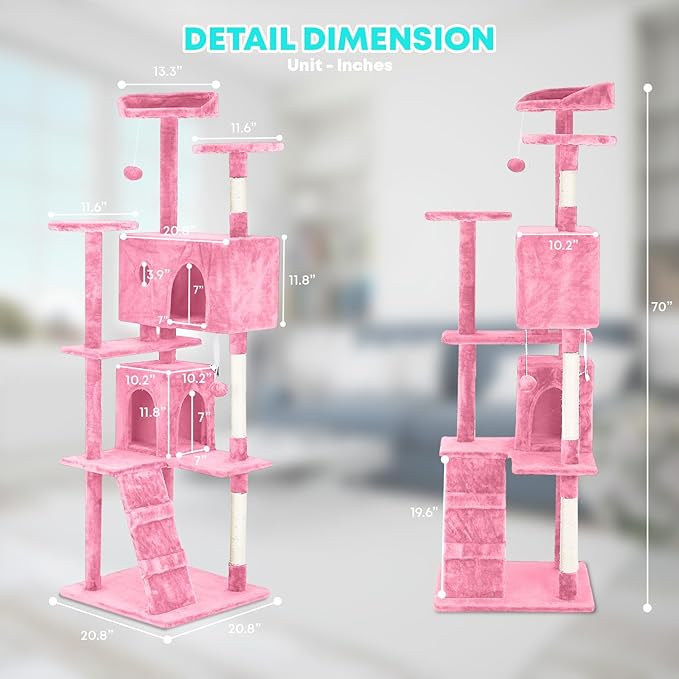 FDW Cat Tree 70in Cat Tower Multi-Level Durable Cat Scratching Post & Cozy Fun Cat Jumping Platform Space Saving Cat Condo Pet Play House for Indoor Cats,Pink-PurrikoPets