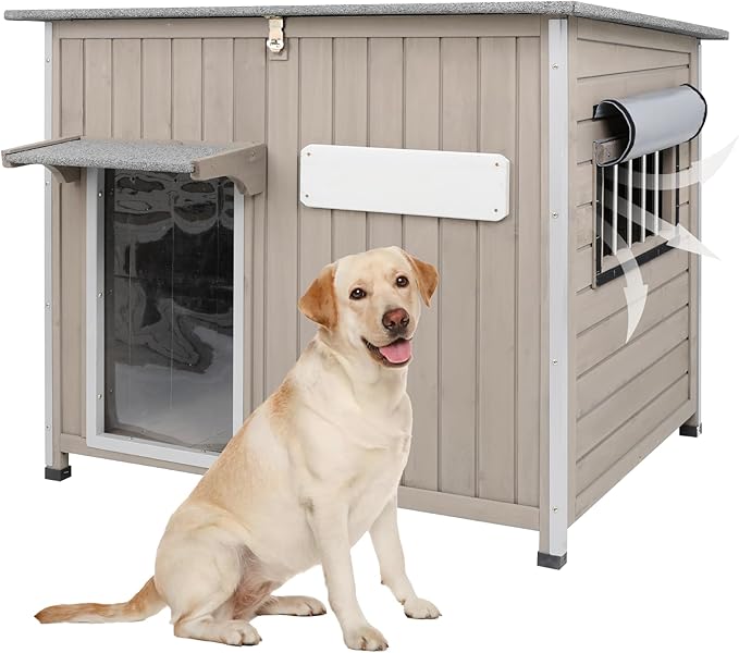 Dog House Outdoor Weatherproof & Wooden Dog Kennel with Chew-Proof Iron Frame，Removable Floor, Adjustable Vent Window, Easy Assembly for Large and Medium Dogs 43.3" D x 29.5" W x 33.5" H-PurrikoPets