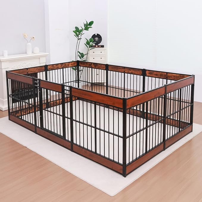 Dog Playpen, 31.5" Height Dog Pen Indoor, Heavy Duty, Safe and Sturdy, Furniture Style Puppy Pen (12 Panels (31.5" High), Mahogany)-PurrikoPets