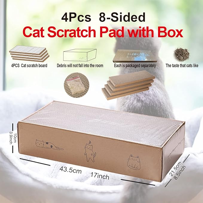 4 Packs in 1 Cat Scratch Pad with Box, Cat Scratcher Cardboard,Reversible,Durable Recyclable Cardboard, Suitable for Cats to Rest, Grind Claws and Play with Scratch Box-PurrikoPets
