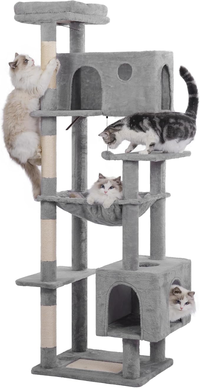 72” Cat Tree for Large Cats Big Cat Tower with Enlarged Hammock 21.6x17.7” Spacious Cats Condo House and Roomy Top Bed and Multiple Scratch Posts for Indoor Adult Cats (Grey, XLarge-72)-PurrikoPets