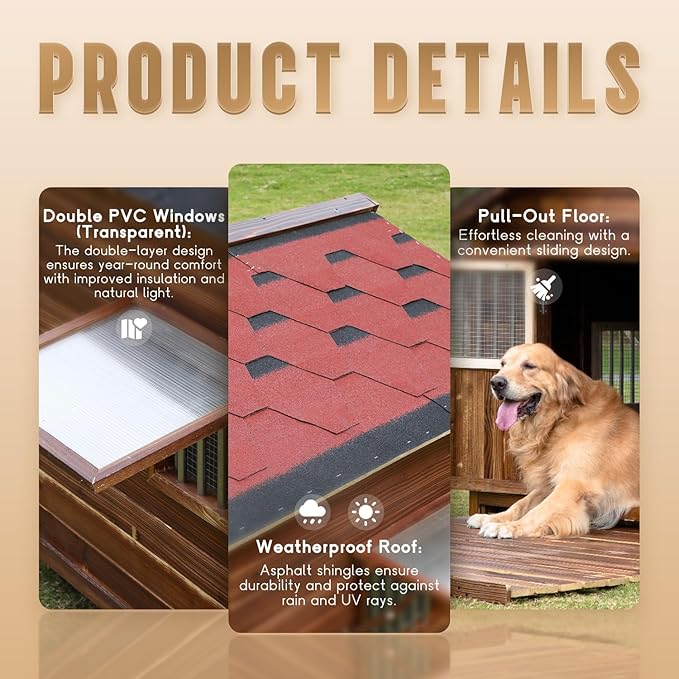 Extra Large Dog House Outdoor Made of Solid Pine Wood, Warm Doghouse, Dog House with Elevated Floor for Large Dogs, (Wood, XL)-PurrikoPets