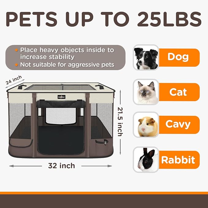 Foldable Pet Kitten Playpen, Upgrade Waterproof Portable Cat Dog Playpen Kennel Tent for Small Dog Cat, Removable Shade Cover, Indoor Outdoor Use for Small Pet, Brown-PurrikoPets