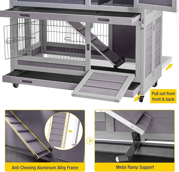 Aivituvin Large Rabbit Hutch Indoor and Outdoor Folding Bunny Cage on Wheels Guinea Pig Cage with Deep No Leak Pull Out Tray,Upgrade Version (Light Gray)-PurrikoPets