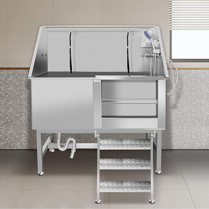50" Dog Bathing Station, Professional Dog Washing Station Stainless Steel Dog Grooming Tub for Home,Equipped with Three Anti-Slip Steps, Removable Door, Pet Wash Station for Pet (50" Right ramp)-PurrikoPets