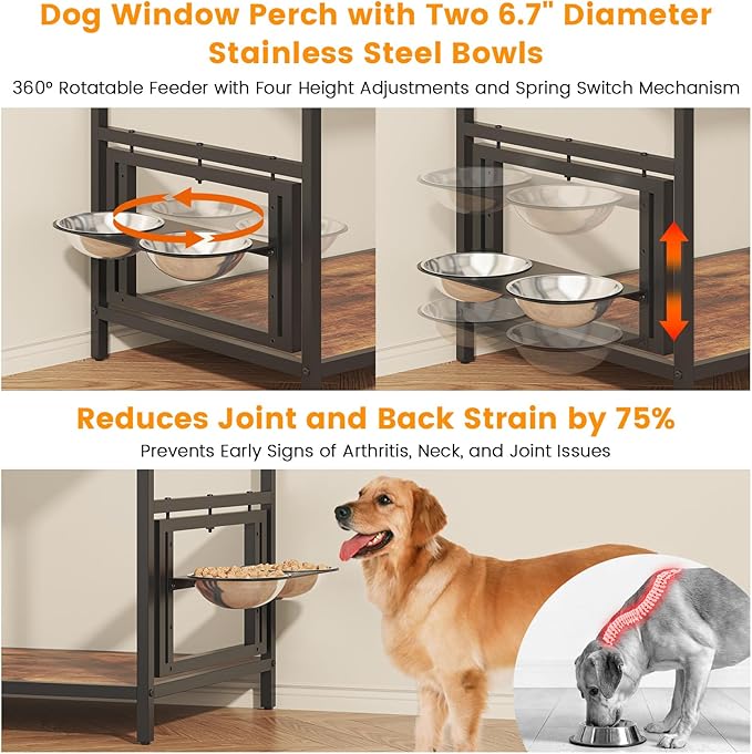 Dog Window Perch with 360° & Adjustable Raised Feeder, Pet Bunk Bed with Removable Stair and 2 Drawers, Elevated Platform Bed, Pet Elevated Seat with Cushion, Paw-Friendly Ladder-PurrikoPets