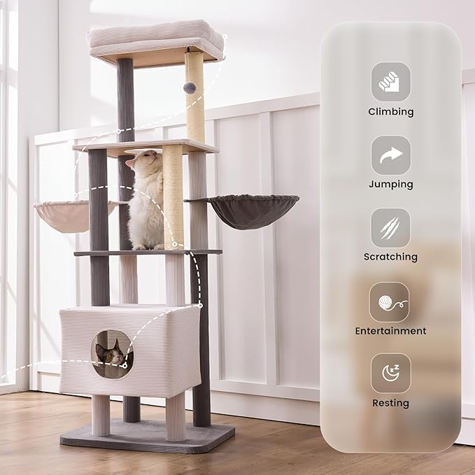 Gardner Pet 65in Heavy Duty Cat Tree Tower for Large Cats, Multi-Level Cat Furniture with Replaceable Sisal Scratching Post, Hammock | Extra-Large Platform & Condo Easy to Clean (Corduroy)-PurrikoPets