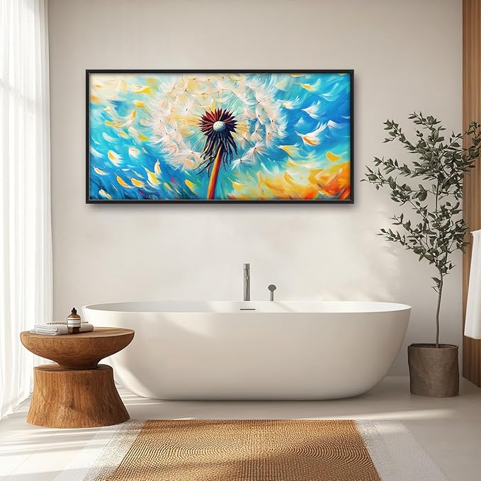 Extra Large Abstract Dandelion Framed Wall Art for Living Room,Oversized Colorful Dandelion Flower Pictures Wall Decor,Blue Canvas Print Painting Modern Artwork Bedroom Office Bathroom 60L" x 30W"-PurrikoPets