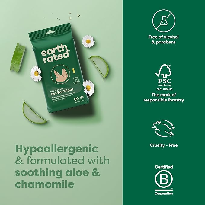 Earth Rated Vet-Developed Pet Ear Wipes, Hypoallergenic Cleaner for Dogs & Cats Ears to Remove Dirt and Wax Build Up, Wild Oat Scent, 70 Count-PurrikoPets