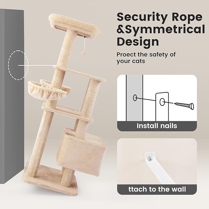 Gardner Pet 65in Heavy Duty Cat Tree Tower for Large Cats, Multi-Level Cat Furniture with Replaceable Sisal Scratching Post, Hammock | Extra-Large Platform & Condo (Upgraded Beige)-PurrikoPets