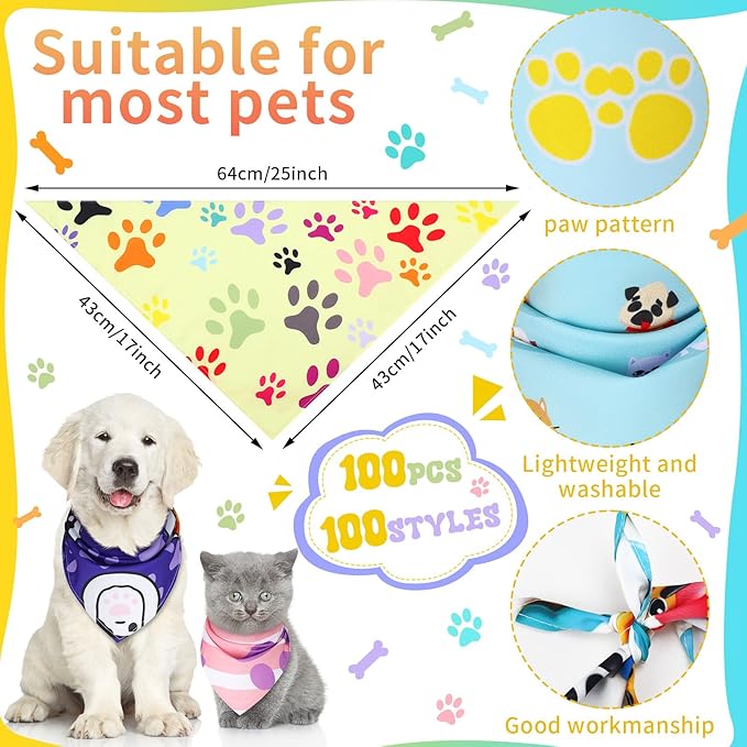 100 Pcs Paw Dog Bandanas Bulk Pet Bibs Colorful Triangle Scarf Paw Pattern Pet Bandanas for Medium Large Dogs Holiday Summer Birthday Costume Decor-PurrikoPets
