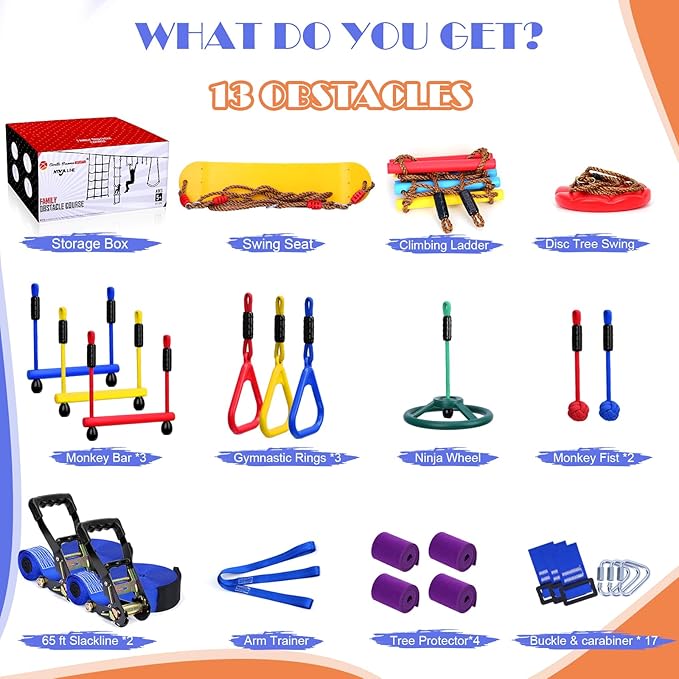 2x65 FT Ninja Warrior Obstacle Course for Kids with 13 Ninja Accessories - 600lbs Weight Capacity, Slackline with Swing Seat, Disc Swing, Ninja Wheel, Rope Ladder, Monkey Bar, Ninja Ring, Arm Trainer-PurrikoPets