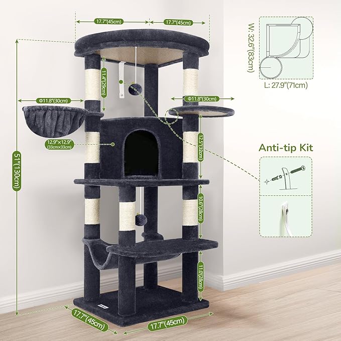 Globlazer Corner Cat Tree Tower for Indoor Cats, 51in Multi-Level Cat Condo Tower with Large Hammock, 7 Sisal Scratching Posts, Oversized Top Perch, Spacious Cat Cave, Hanging Basket, C51, Dark Grey-PurrikoPets
