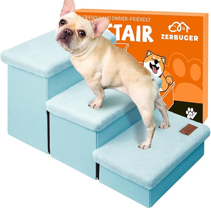 Dog Stairs with Furry Lids 18" H, 3-Step Wider Dog Steps with Storage for Small/Medium/Large Old Dogs Cats, Folding Sturdy Pet Stairs Climbing Bed Couch, Ramp for Car Up to 200 lbs, Baby Blue-PurrikoPets