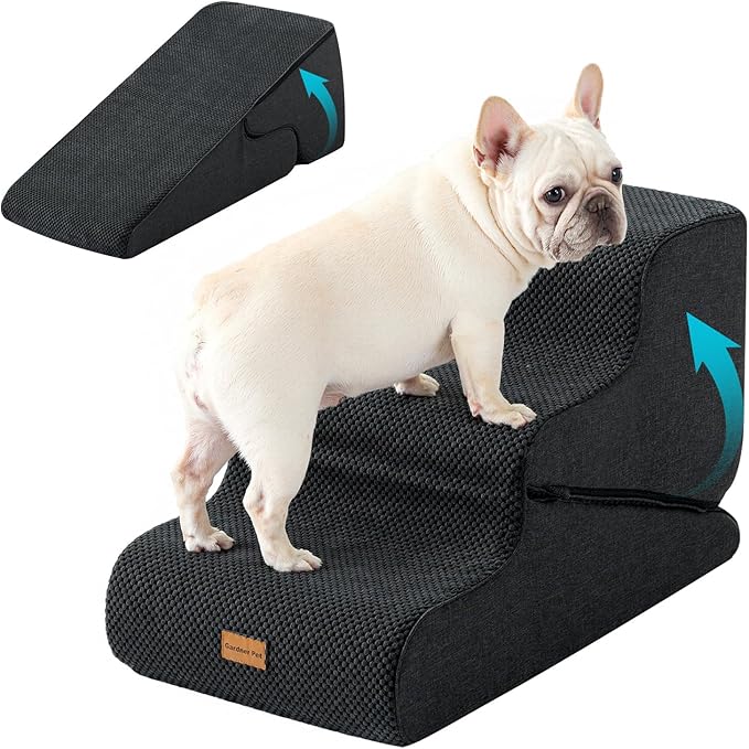 Gardner Pet Dog Stairs for Small Dogs 16.5" H, 2 in 1 Transformable 3-Step Pet Stairs and Dog Ramp for Couch (13-20 in), Black Adjustable Pet Steps with Non-Slip Waterproof Cover and CertiPUR-US Foam-PurrikoPets