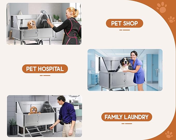 Albott 50-Inch Stainless Steel Dog Washing Station with Anti-Slip Steps, Sprayer, Faucet, and Soap Box – Professional Pet Bathtub for Medium/Small Pets, Ideal for Home, Garage, and Grooming(Left)-PurrikoPets