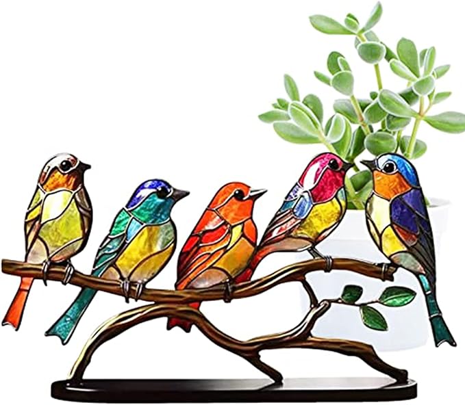 5 Birds on a Branch, Metal Desktop Decorations, Home Bird Decorations for Office, Window, Aviary, Garden, Gifts for Bird Lovers, Boxed Set.-PurrikoPets