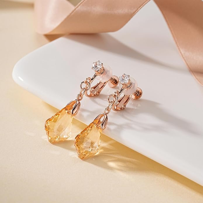 Austrian Crystal Baroque Drop Clip On Dangle Earrings for Women Non Pierced 14K Rose Gold Plated Hypoallergenic Jewelry
