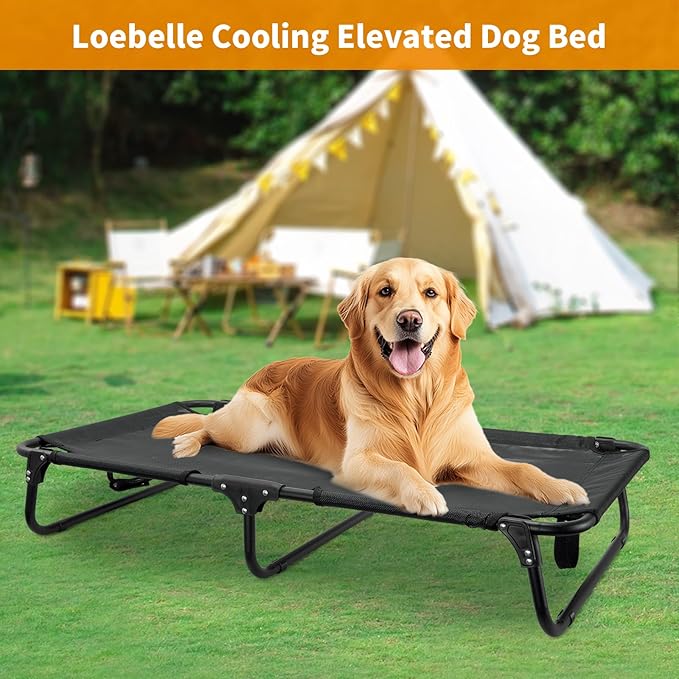Elevated Dog Bed, Foldable Raised Dogs Bed Outdoor Dog Cots Beds for Large Dogs Cooling Outside Camping Chew-Proof No Assembly Need, Black-PurrikoPets