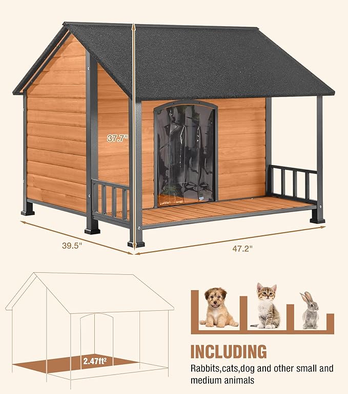 Extra Large Dog House Outdoor for Large Dogs, Insulated Dog House with Metal Frame, Waterproof Dog Shelter with Asphalt Roof, PVC Curtain & Multifunctional Patio, Indoor Outdoor Use-PurrikoPets