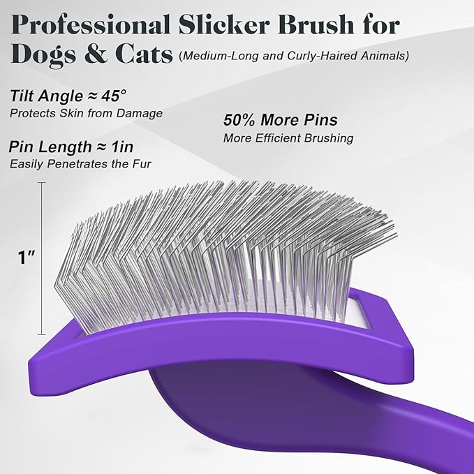 2PCS Slicker Brush for Dogs & Pet Comb,Professional Dog Grooming Brush (Goldendoodles,Poodles,Labradoodles) with Extra Long Pins to Effectively Remove Tangles, Knots and Mats (Purple)-PurrikoPets