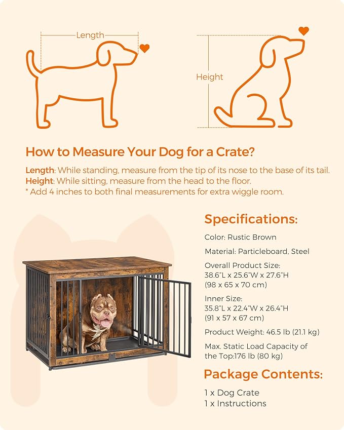 Feandrea Dog Crate Furniture, 38 Inches Dog Kennel for Dogs up to 70 lb, with Removable Tray, Heavy-Duty Dog Cage End Table, Double Doors Dog House, Rustic Brown UPFC013X01-PurrikoPets