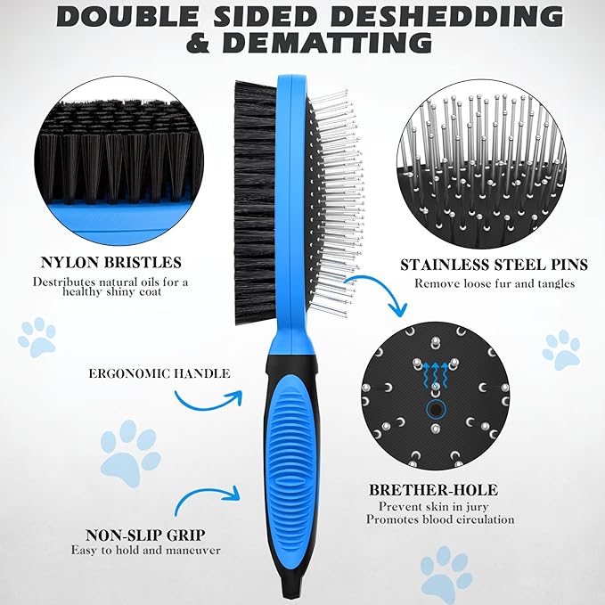 2PCS Pet Grooming Tools - Double-Sided Brush for Shedding and Bathing, Suitable for Short/Long Haired Dogs Cats and Horses, Deshedding Dog Brush, Mane & Tail Combs for Horses - Pet Supplies (Blue)-PurrikoPets