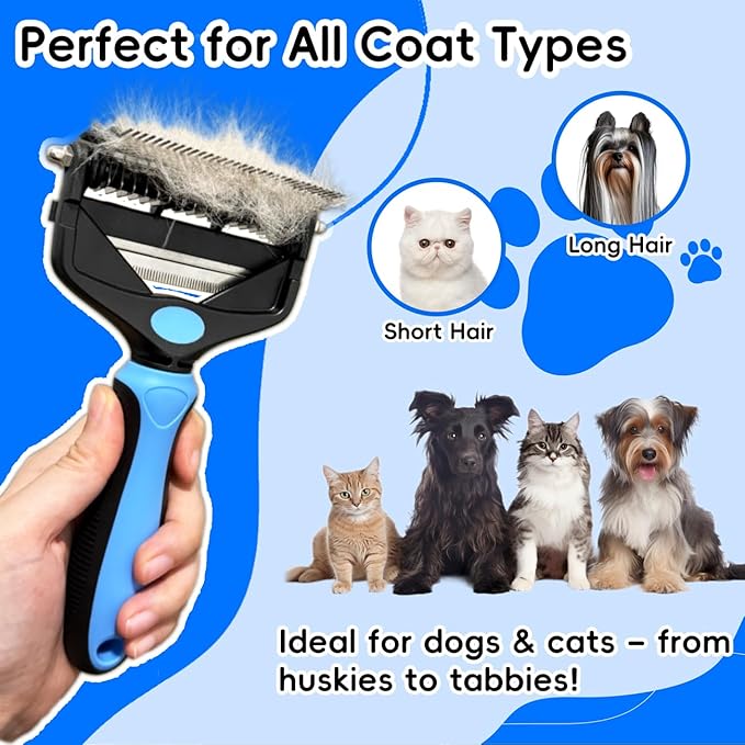 3-in-1 Pet Deshedding Tool – Grooming Brush for Dogs & Cats with Undercoat Rake & Dematting Comb (Blue)-PurrikoPets