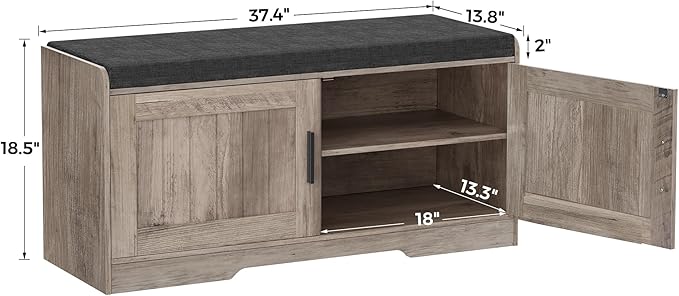 2-Tier Storage Bench, Shoe Bench with Thickened Padded Seat Cushion, Entryway Bench with 2 Doors, Adjustable Shelf, 13.8" D x 37.4" W x 18.5" H, for Entryway, Living Room, Bedroom, Greige-PurrikoPets