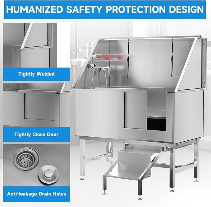 Dog Washing Station 50" Dog Grooming Tub with Right Stair& Faucet, Stainless Steel Dog Bathing Station for Home,Dog Bathtub for Large,Medium,Small Pets-PurrikoPets