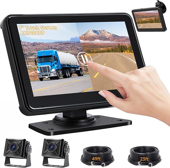 7'' HD1080P Wired Backup Camera System with Touch Screen Monitor, 2 Wired Rear View Cameras, Colorful Night Vision& IP68 Rated &10G Vibration, Backup Camera for Trucks/RVs/Trailers/Skid Steer-PurrikoPets