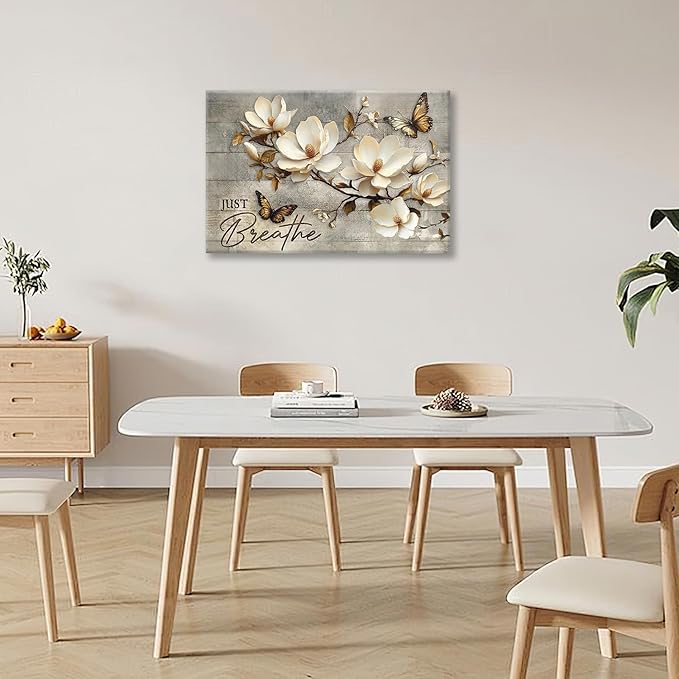 Floral Magnolia Bathroom Pictures Wall Art, Just Breathe Bathroom Wall Decor, Flower Butterfly Framed Painting Canvas Artwork for Bedroom Living Room Decorations 24"L x 16"W-PurrikoPets