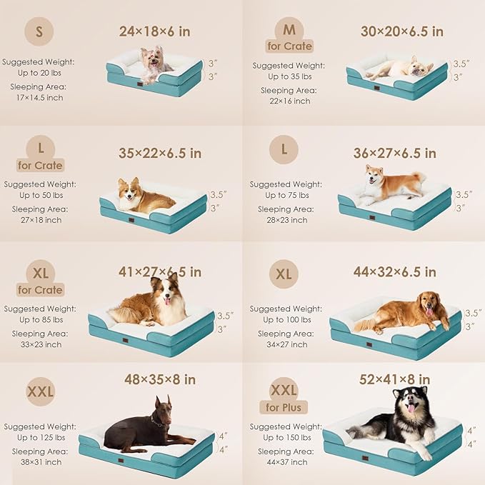 EHEYCIGA Orthopedic Dog Beds for Large Dogs, Waterproof Memory Foam Large Dog Bed with Sides, Non-Slip Bottom and Egg-Crate Foam Pet Couch Bed with Washable Removable Cover, Turquoise Blue-PurrikoPets