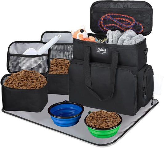 Dog Travel Bag Airline Approved–Pet Travel Tote with Collapsible Bowls,Food Containers & Feeding Mat–Multi-Pocket Organizer for Dogs & Cats, Durable & Water-Resistant for Hiking,Trips,Outdoors-PurrikoPets
