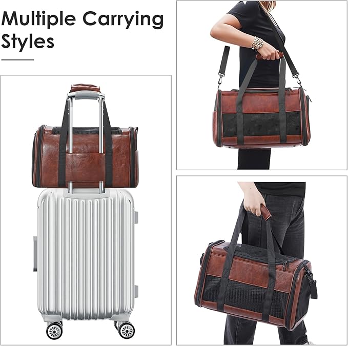 Fashion Leather Dog Carrier, Airline Approved Cat Carrier Soft Sided Pet Bag Carrier Purse for Puppy Kitten Small Animals Coffee-PurrikoPets