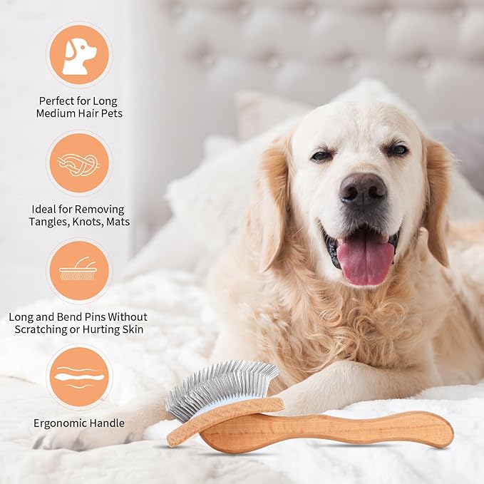 Dog Slicker Brush for Shedding and Grooming Medium or Long Haired Cats, Extra Long & Soft Pin Slicker Brush for Removes Loose Hair, Tangles, Knots, Undercoat, Free Pet Comb, Large, Oak-PurrikoPets