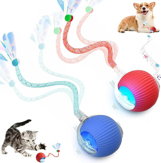 2 Packs Speed 2.0 Tail Interactive Cat Toys for Indoor Cats, Chirping & Motion Activate Cat Toy, Smart Kitten Rolling Ball Moving Ball Toys, Rechargeable Dog Cats Bal l for Enrichment Exercise-PurrikoPets