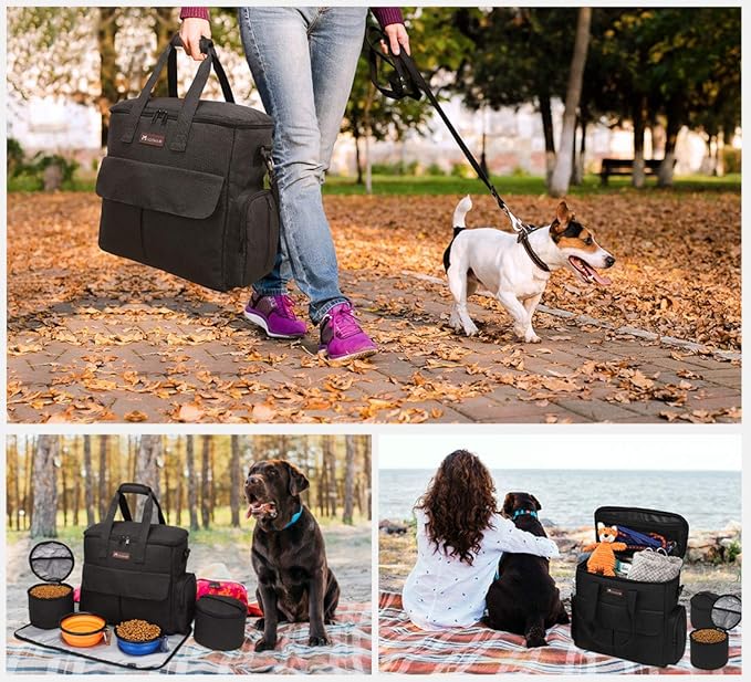 Dog Travel Bag by Modoker - Dog Travel Kit for a Weekend Away Set Includes Pet Travel Bag Organizer for Accessories, 2 Collapsible Bowls, 2 Travel Food Container (Black)-PurrikoPets