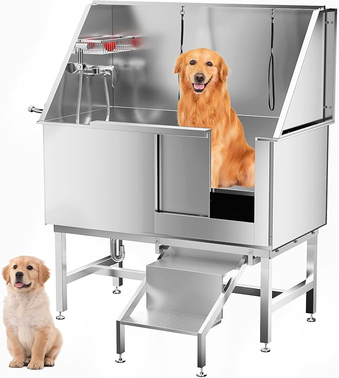 Dog Washing Station 50" Dog Grooming Tub with Right Stair& Faucet, Stainless Steel Dog Bathing Station for Home,Dog Bathtub for Large,Medium,Small Pets-PurrikoPets