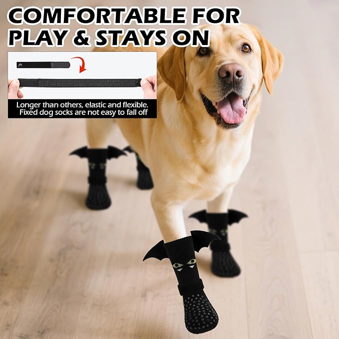EXPAWLORER Halloween Anti Slip Dog Socks to Prevent Licking Paws, Boots & Paw Protectors with Grippers,Doggie Booties for Hardwood Floors for Small Medium Large Senior Dogs Costume Black Devil Wings M-PurrikoPets