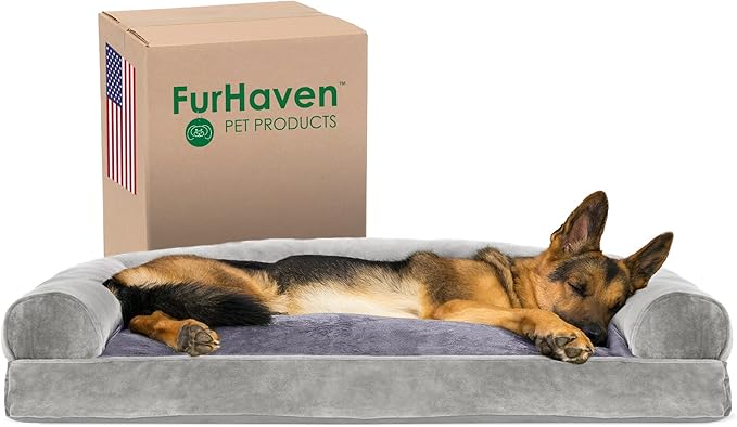 Furhaven Pillow Dog Bed for Large Dogs w/ Removable Bolsters & Washable Cover - Faux Fur & Velvet Sofa - Smoke Gray, Jumbo/XL-PurrikoPets
