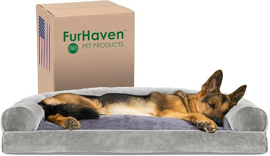 Furhaven Pillow Dog Bed for Large Dogs w/ Removable Bolsters & Washable Cover - Faux Fur & Velvet Sofa - Smoke Gray, Jumbo/XL-PurrikoPets