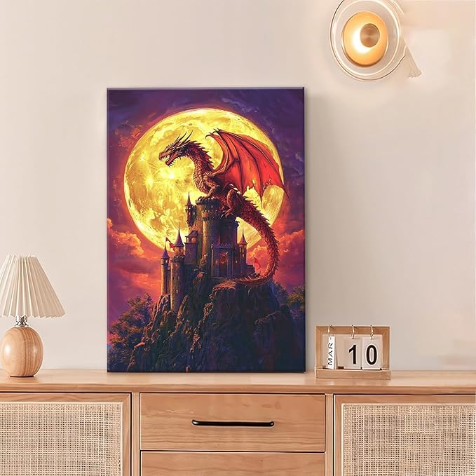 Dragon Bathroom Pictures Wall Art, Red Dragon Castle Bathroom Wall Decor, Framed Painting Canvas Artwork for Bedroom Living Room Decorations 24"L x 16"W-PurrikoPets
