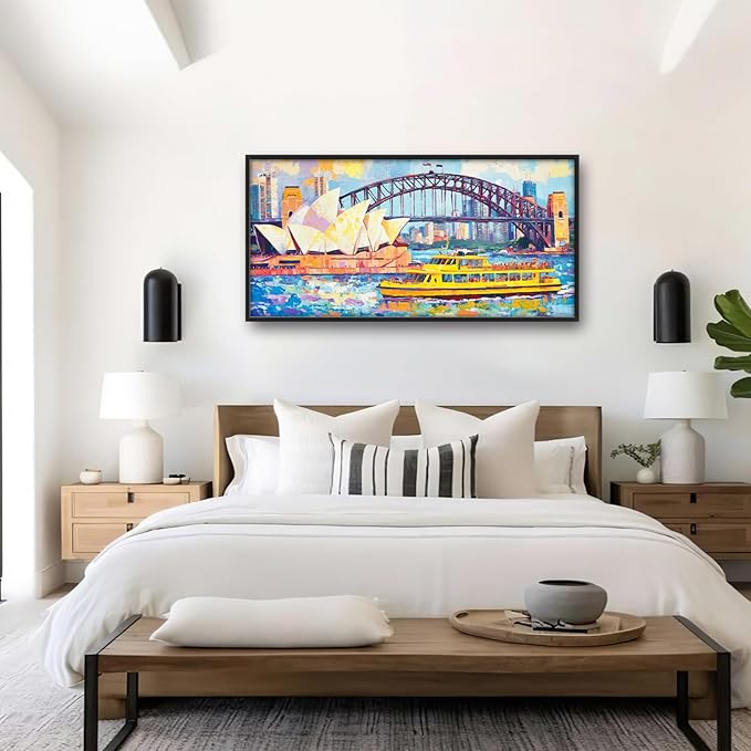 Extra Large Sydney Opera House Framed Wall Art for Living Room,Oversized Abstract Harbour Bridge Cityscape Pictures Wall Decor,Canvas Print Painting Modern Artwork Bedroom Office Bathroom 60L" x 30W"-PurrikoPets