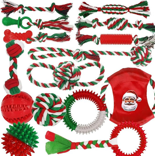 Dog Toys 15 Pack for Teeth Cleaning and Fun, Puppy Teething Chew Toys Tug Rope Squeaky Treat Balls & Rubber Tous Bulk– Variety Dog Gifts Set Reduce Anxiety & Save Furniture, Christmas-PurrikoPets