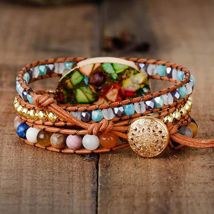 ZOSOJONA Women Wrap Bracelet Boho Natural Jasper Crystal Stone Beads Strand Bracelets