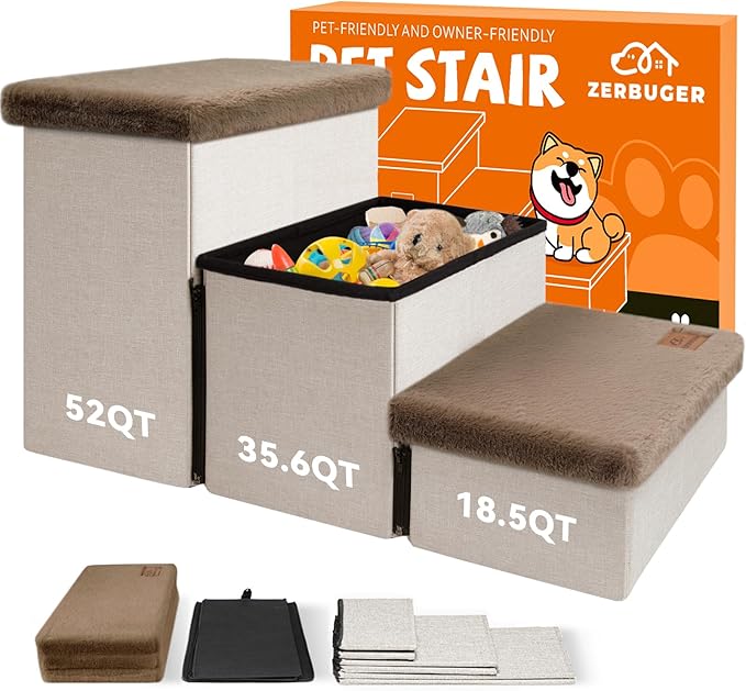 Dog Stairs with Furry Lids 18" H, 3-Step Wider Dog Steps with Storage for Small/Medium/Large Old Dogs Cats, Folding Sturdy Pet Stairs Climbing Bed Couch, Ramp for Car Up to 200 lbs, Khaki-PurrikoPets